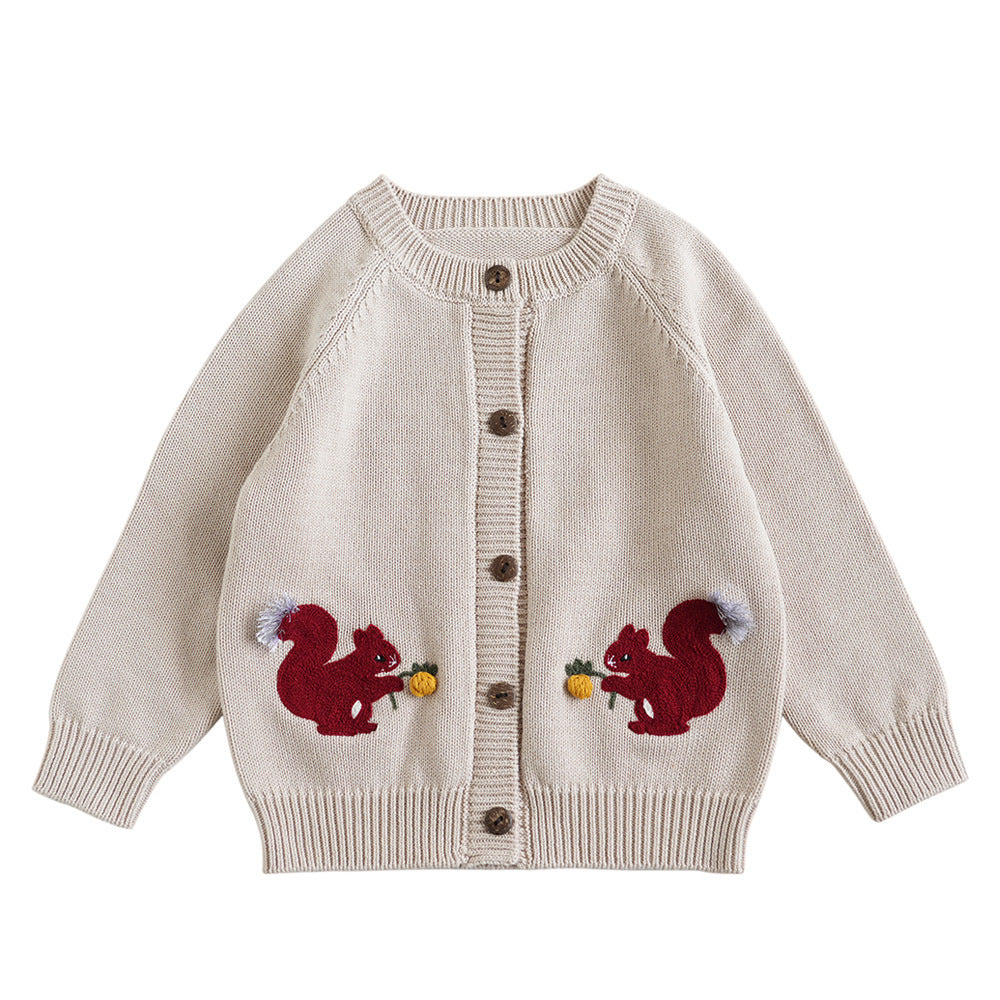 Kids' Cotton Sweater Squirrel Embroidery