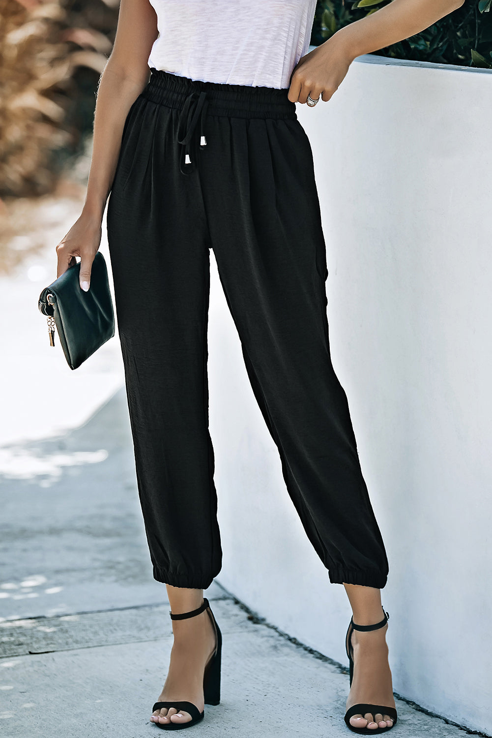 Black Solid  Smocked Waist Joggers