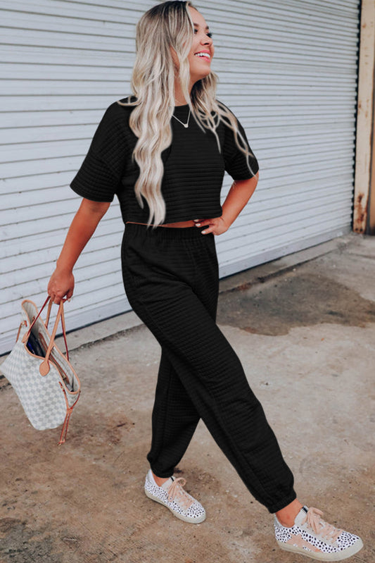 Black Lattice Textured Cropped Top and Pants Set