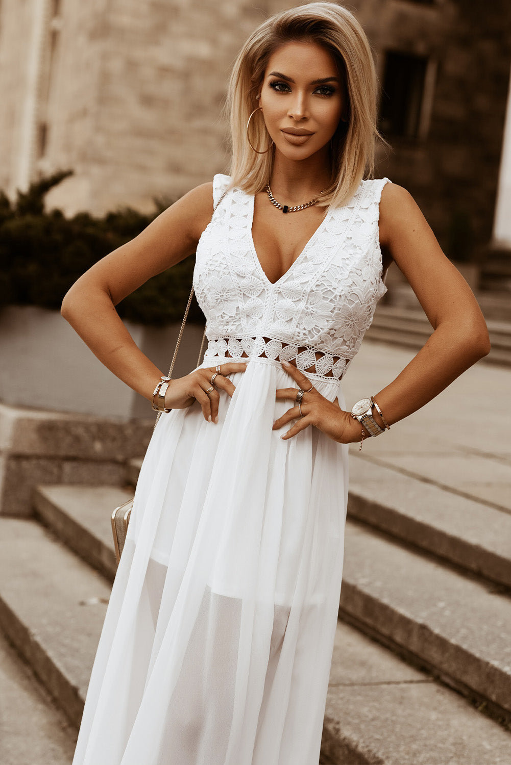 Sexy White V-Neck Maxi Dress