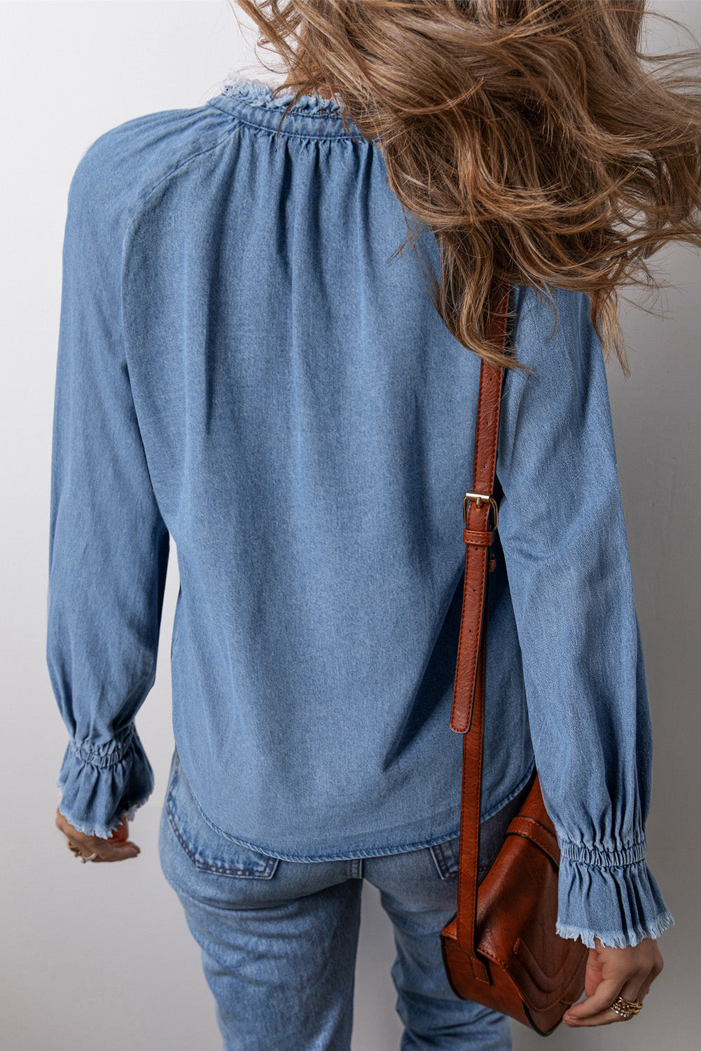 Sky Blue Frilled Raw Hem Buttoned Denim Top