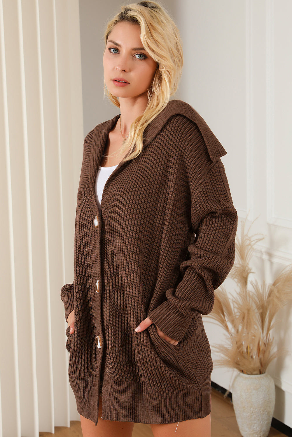 Brown Chunky Lapel Collar Button up Cardigan