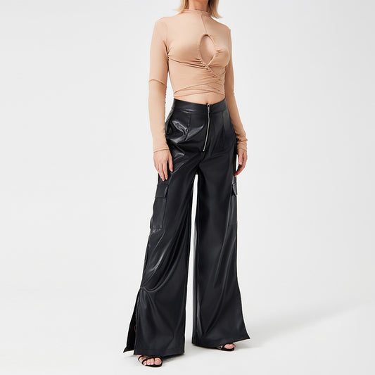 Wide Leg PU Leather Cargo Pocket Pants