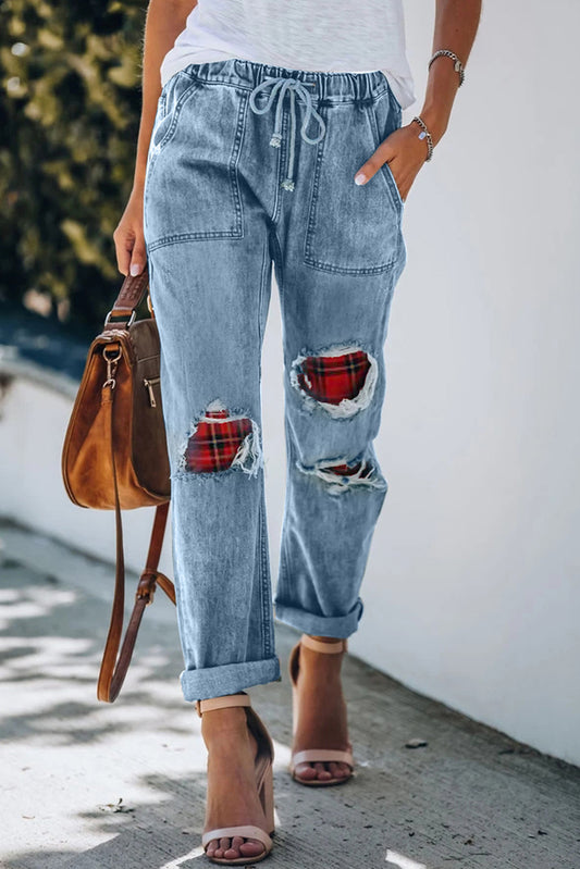 Plaid Patches Cotton Pocketed Denim Jeans