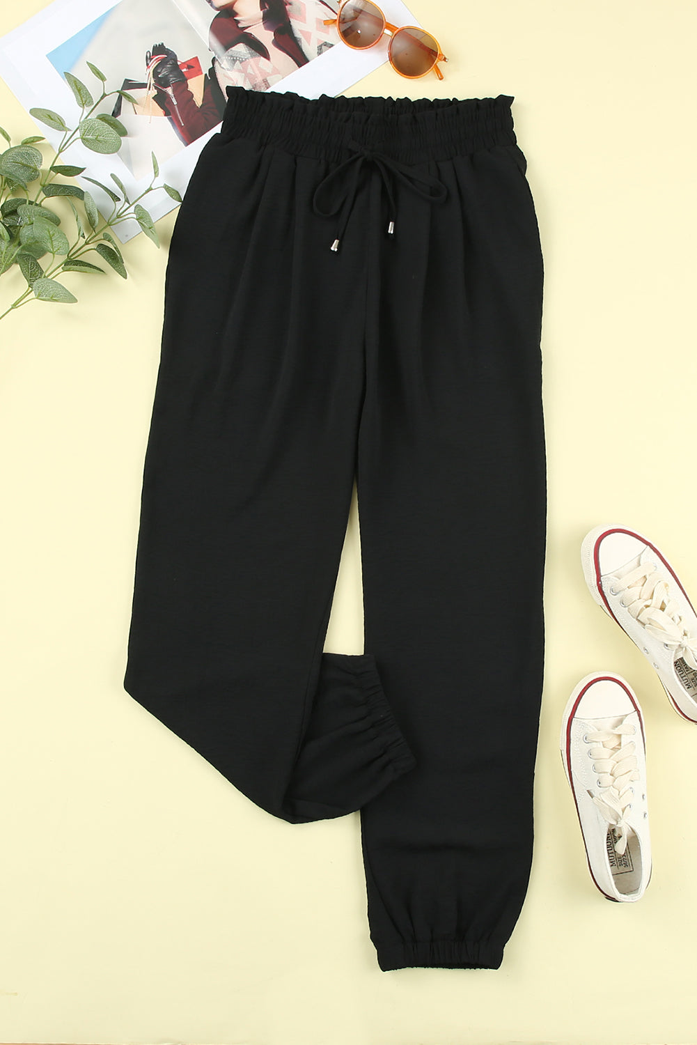 Black Solid  Smocked Waist Joggers