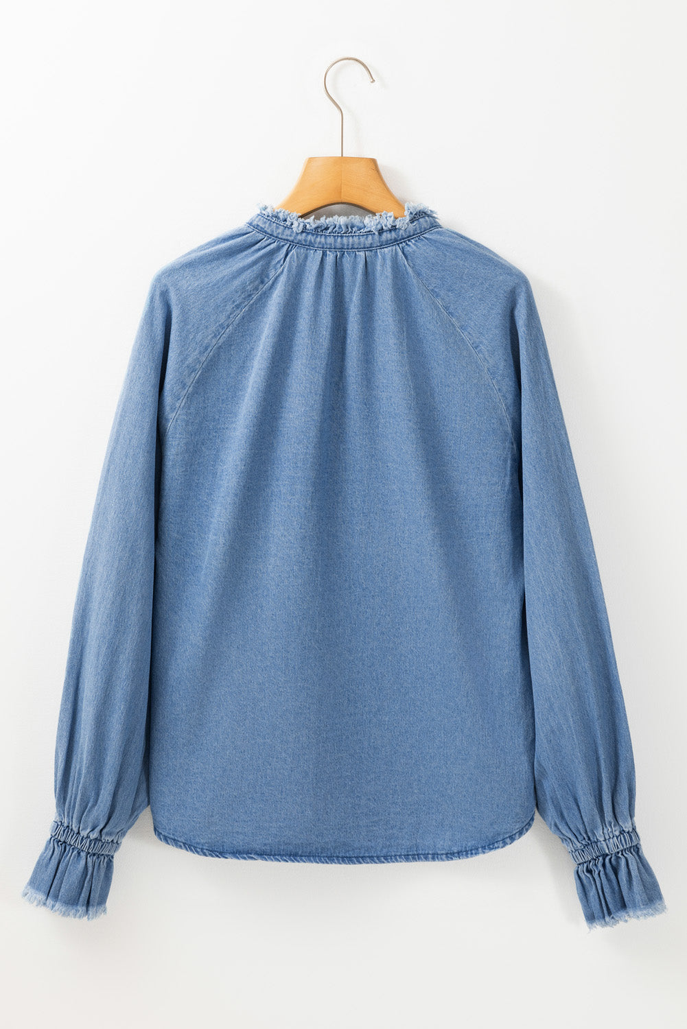 Sky Blue Frilled Raw Hem Buttoned Denim Top