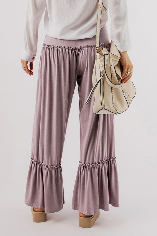 Khaki Frilled High Waist Wide Leg Pants