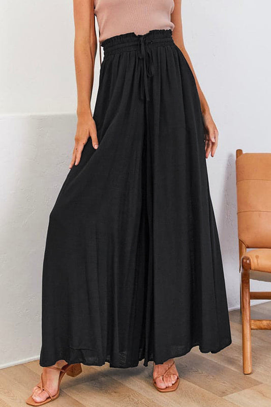 Black Drawstring High Waist Wide Leg Pants