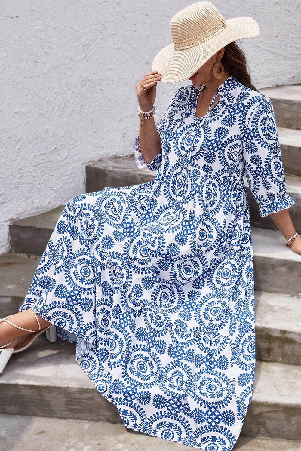 Sky Blue Geometric Print Plus Size Maxi Dress