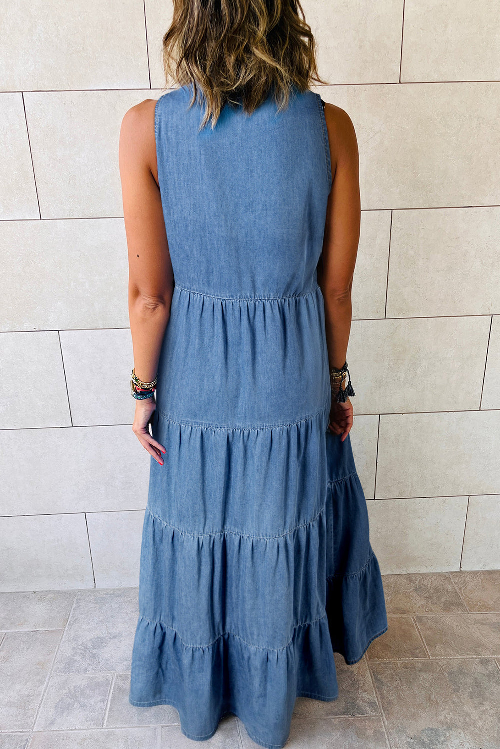 Teal Sleeveless Tiered Chambray Maxi Dress