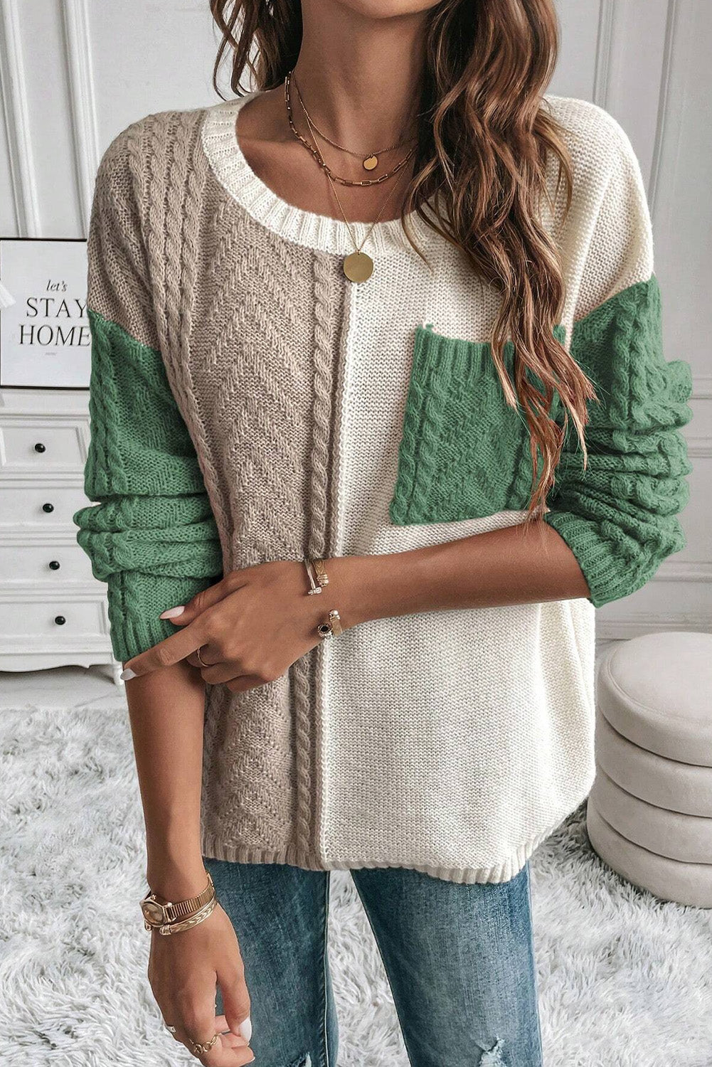 Green Colorblock Drop Shoulder Sweater