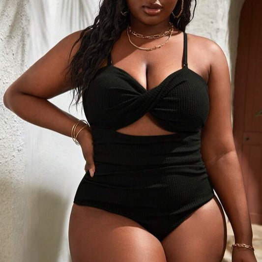 Plus Size Women's Black Slimming Sling Triangle One-piece Swimsuit