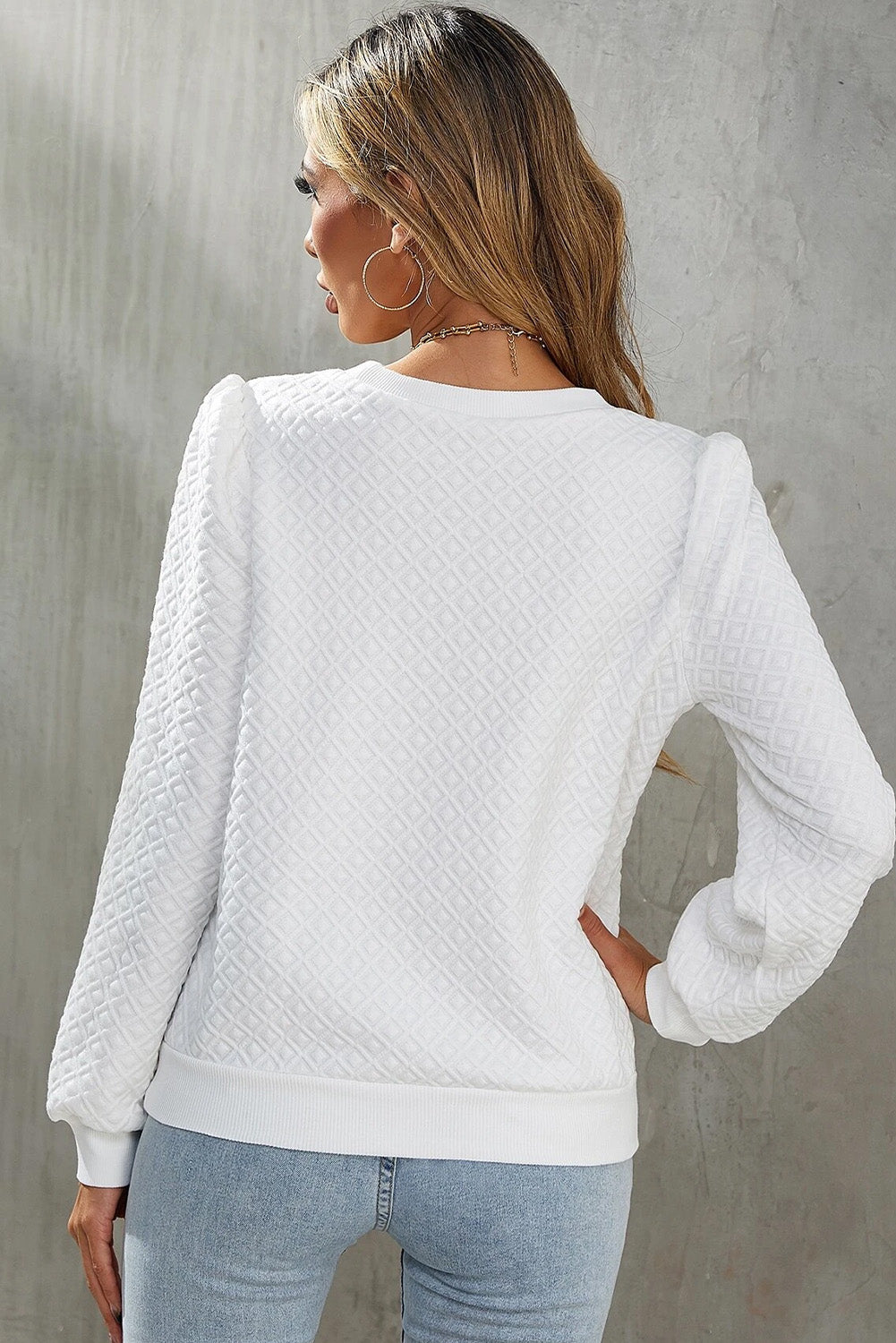 White Puff Textured Long Sleeve Round Neck Top