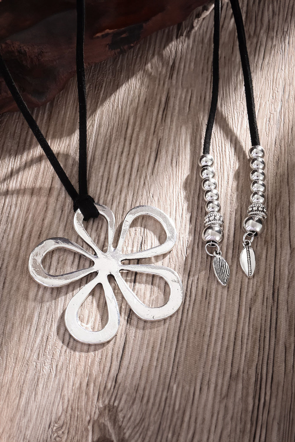 Silver Hollow Out Floral Leather Rope Necklace