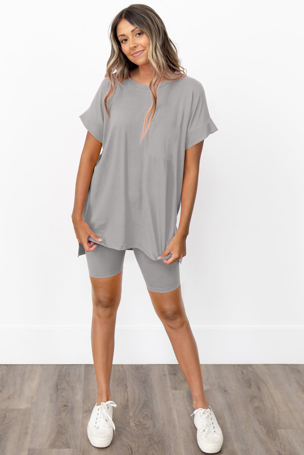 Gray Loose Tunic Tee and Shorts Set