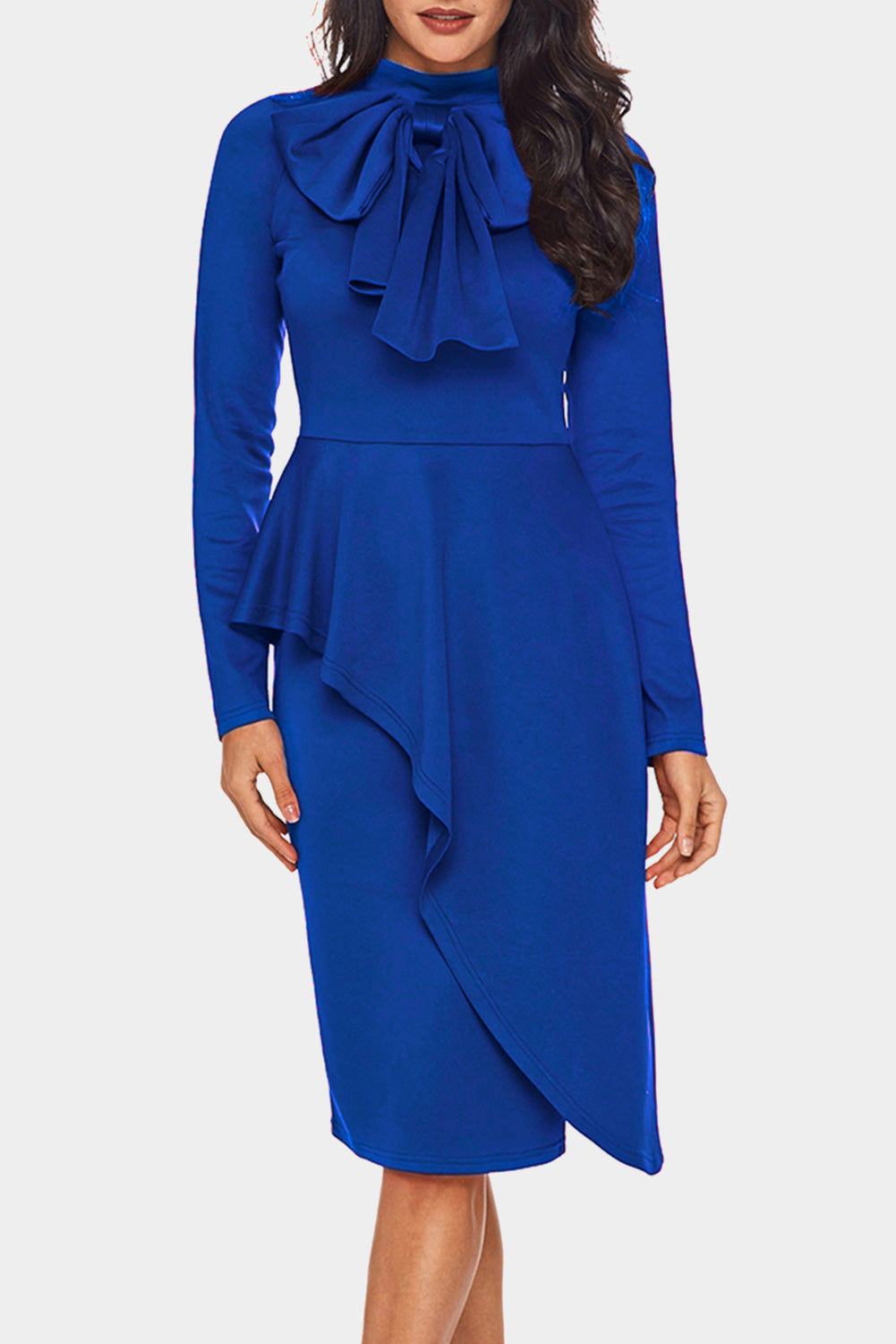 Modest Asymmetric Peplum Style Bow Dress