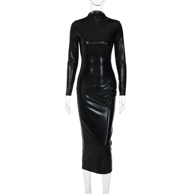 Leather Dark Solid Color Slim Dress