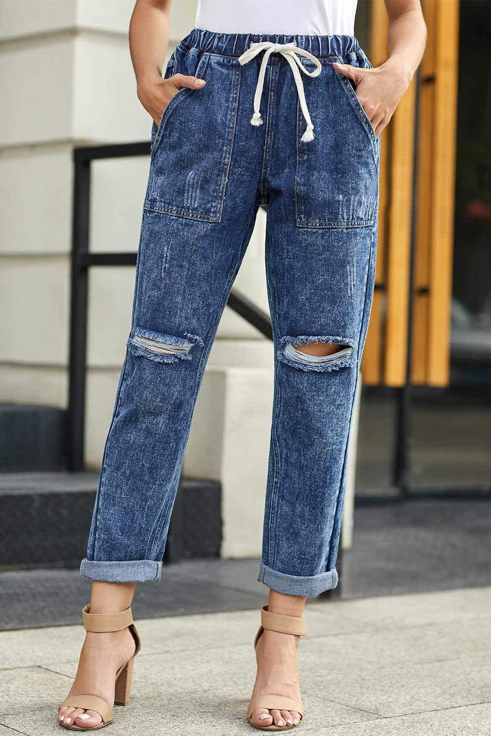 Sky Blue Distressed Pocketed Denim Jogger