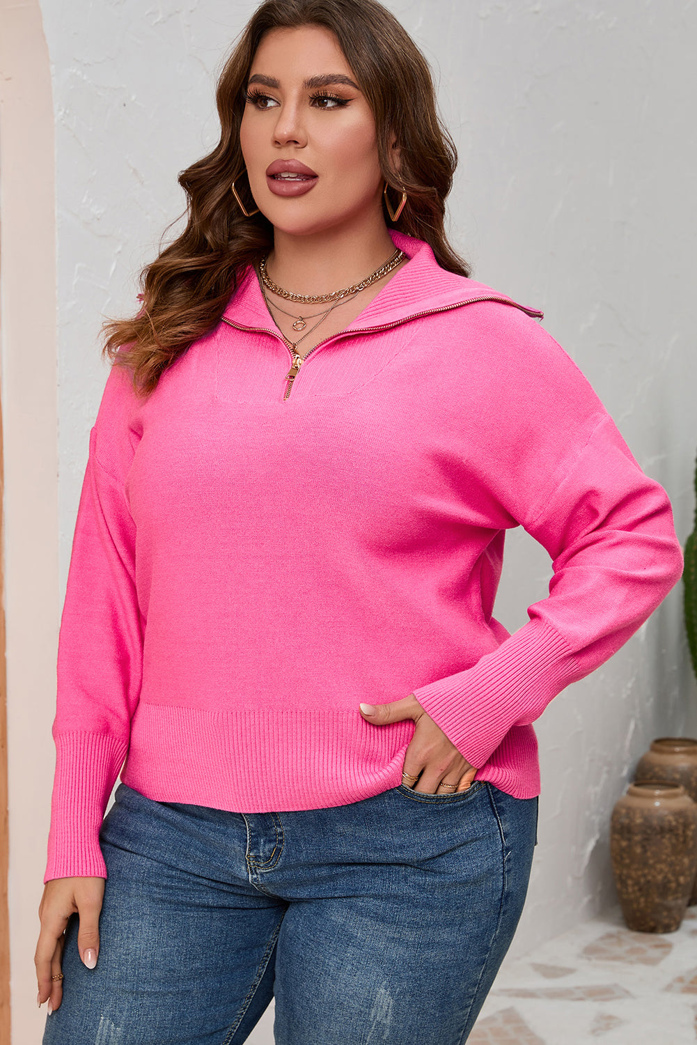 Brown Plus Size Zip Collar Sweater