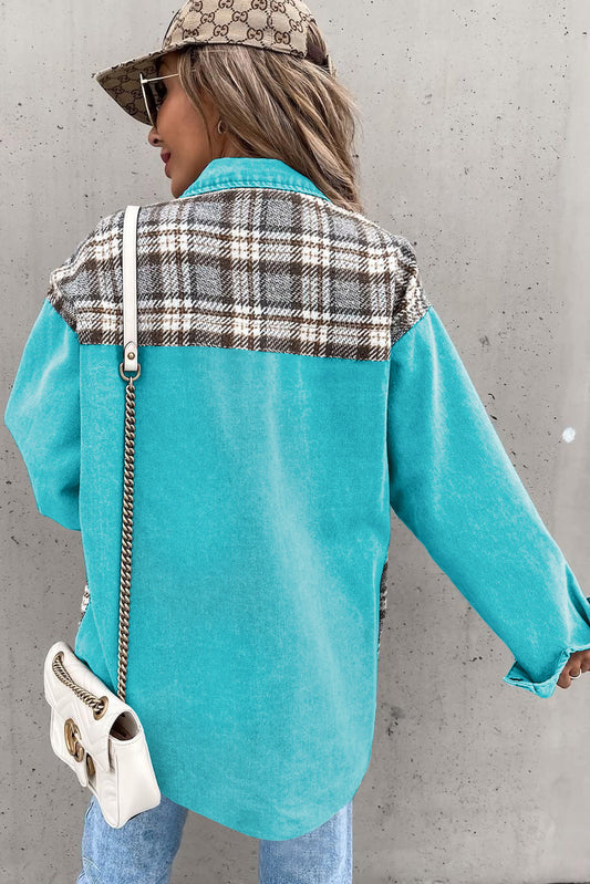 Loose Fit Sky Blue Plaid Patchwork Denim Jacket