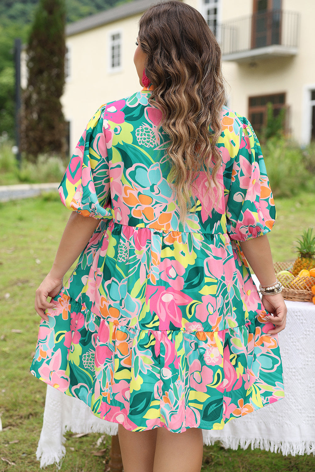 Plus Size Floral Print Tiered Shirt Dress