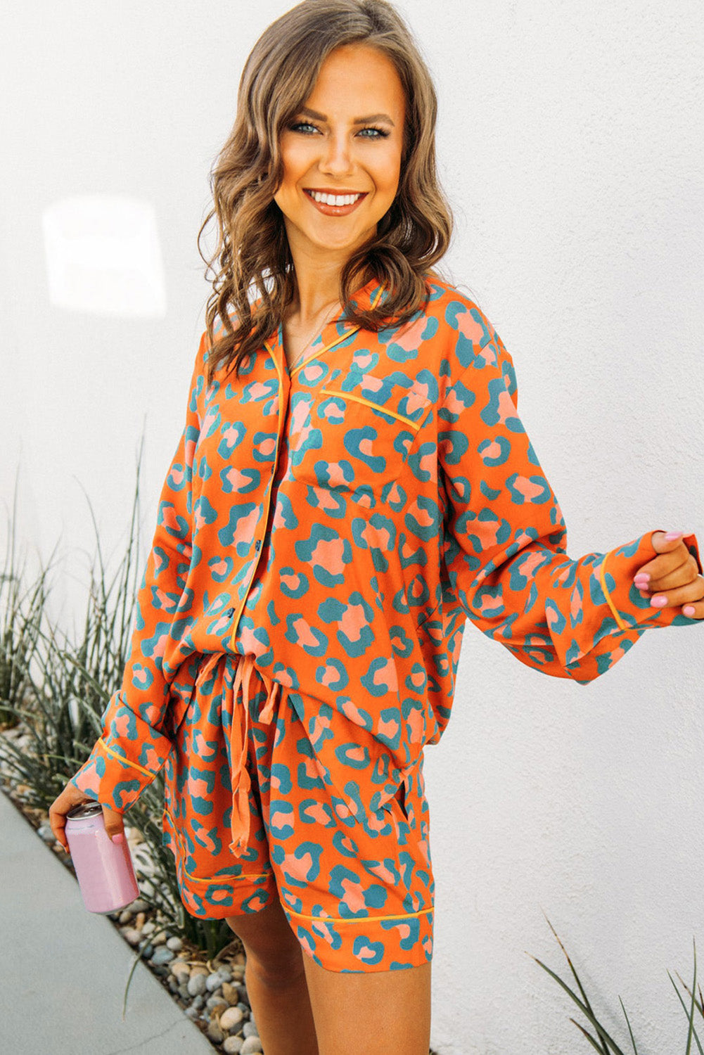 Orange Leopard Print Shorts Loungewear Set