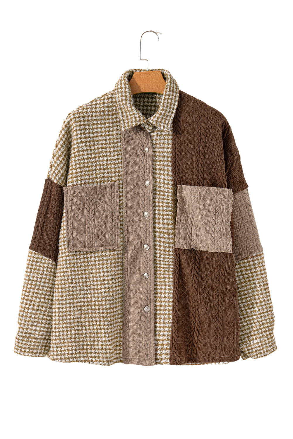 Khaki Houndstooth Textured Patchwork Loose Shacket