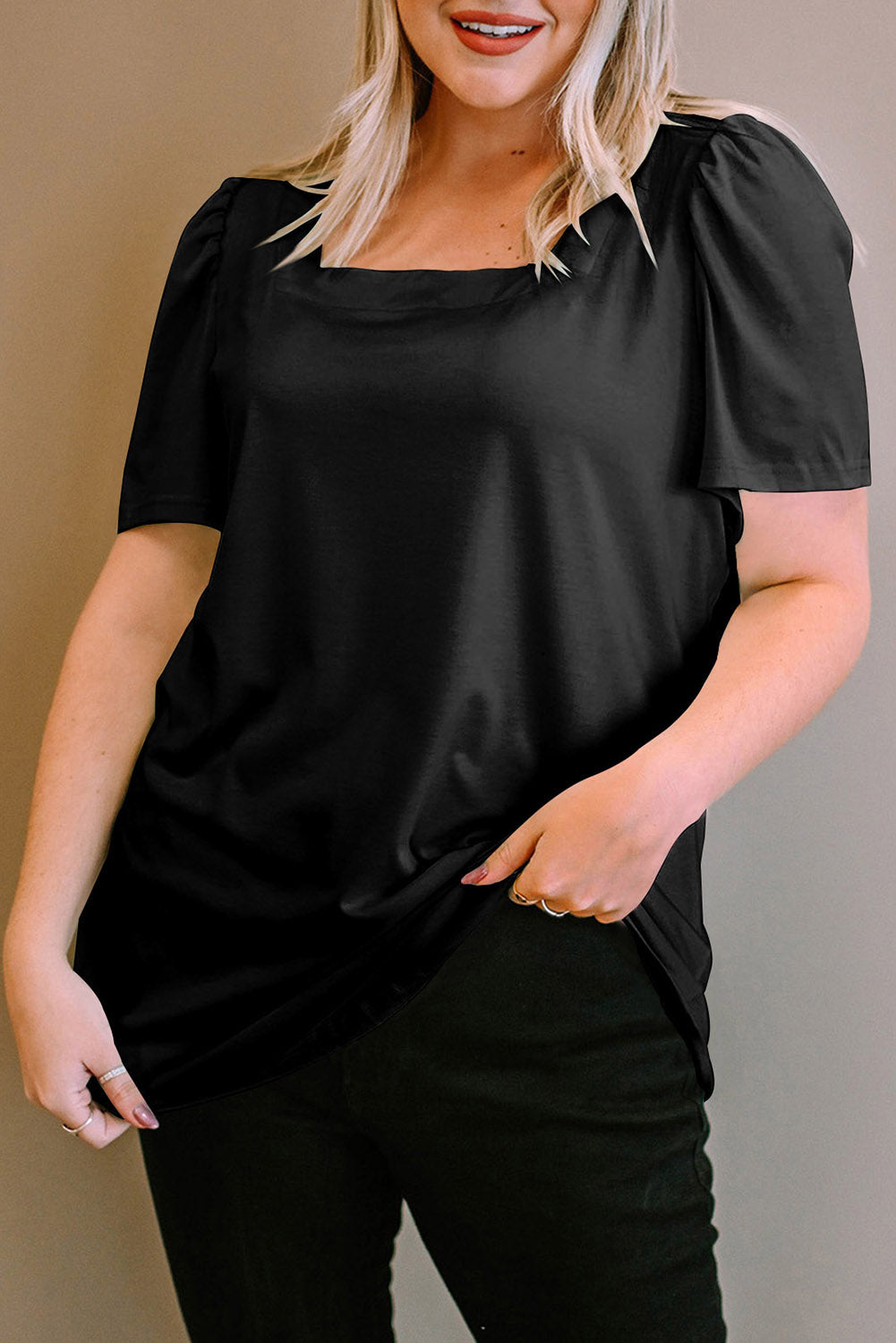 Plus Size  Ruched Shoulder Short Sleeve Top