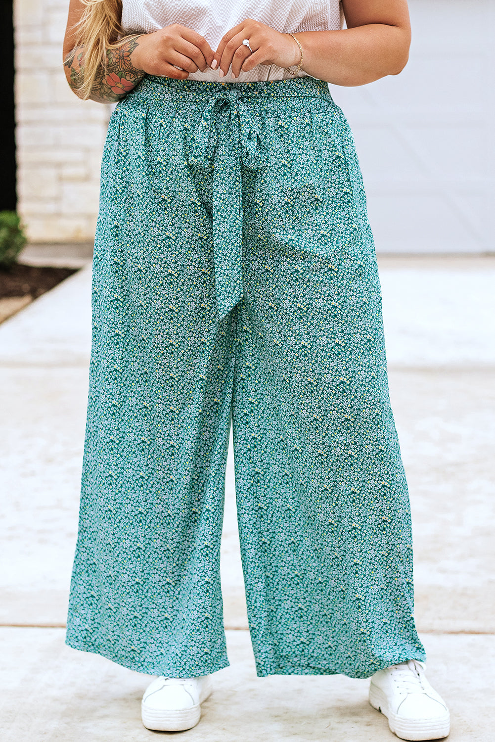 Green Plus Size Floral Wide Leg Pants