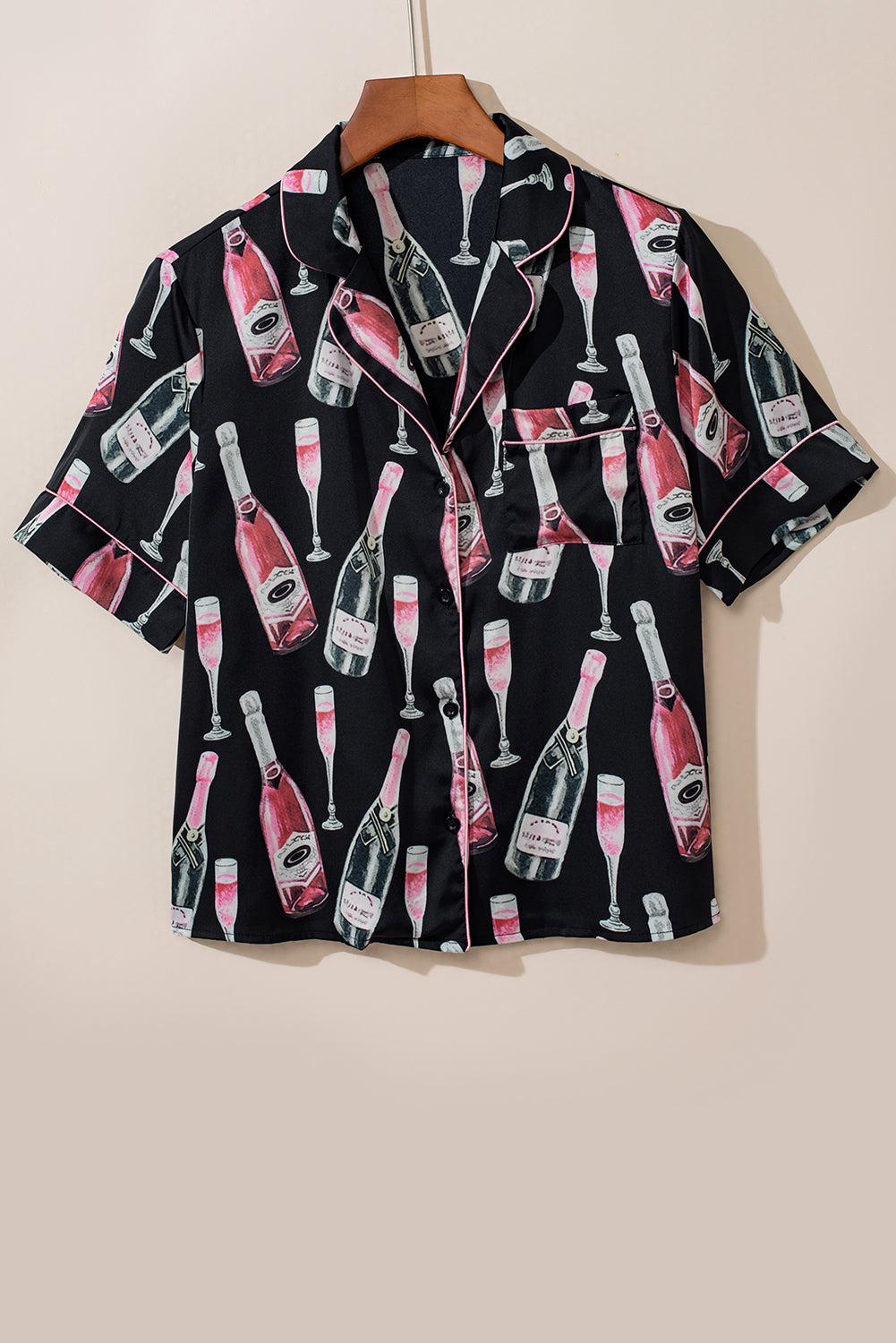 Black Champagne Print Silky Pajamas Set