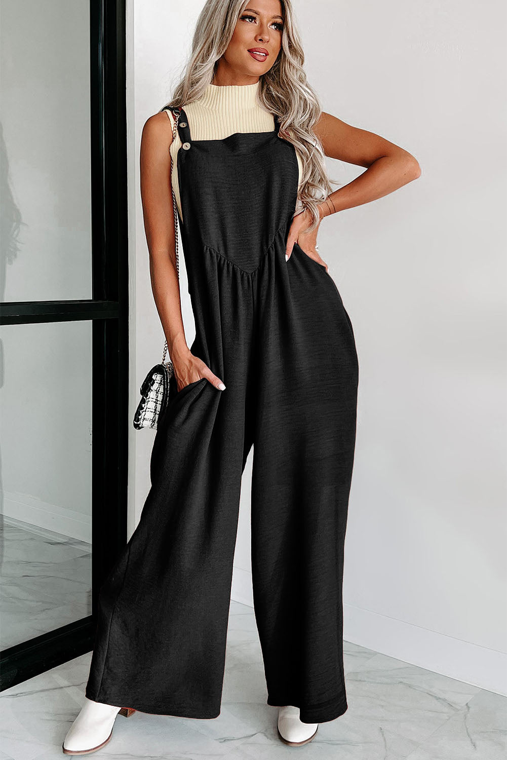 Black Textured Wide Leg Jumpsuit