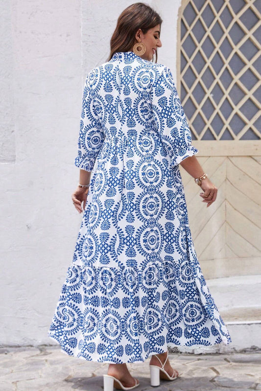 Sky Blue Geometric Print Plus Size Maxi Dress