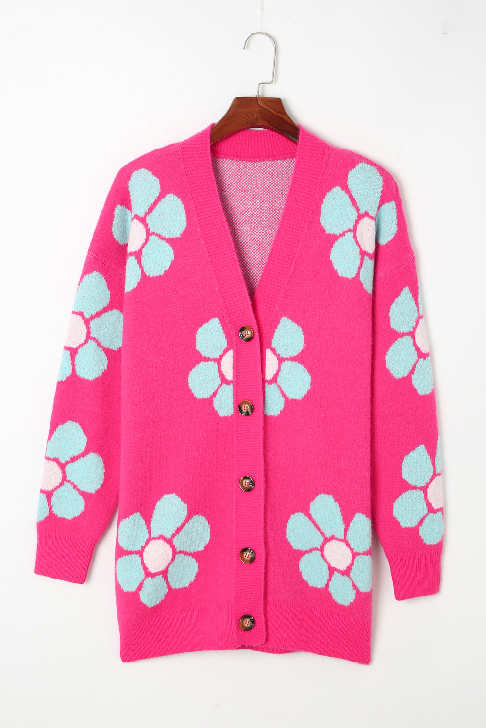 Strawberry Pink Floral Print Button Up Cardigan