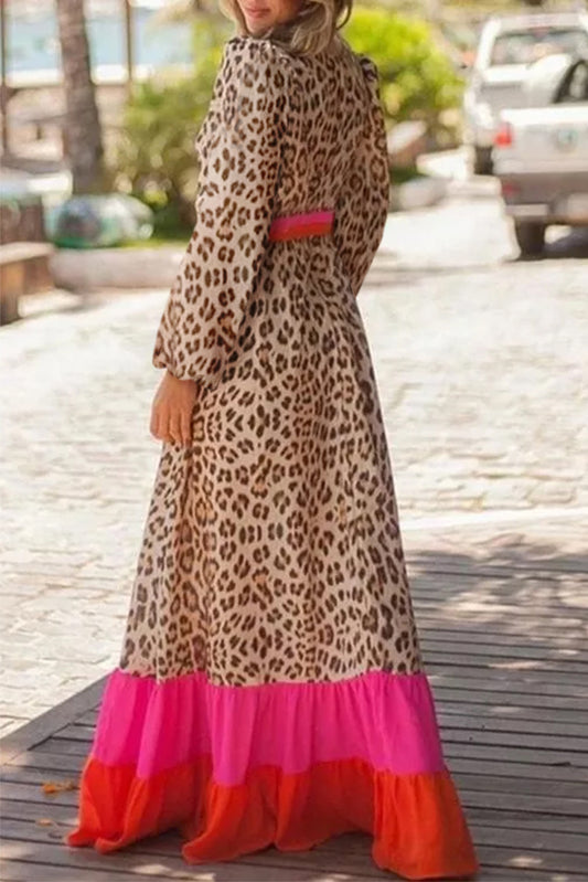 Brown Leopard Color V Neck Loose Fit Maxi Dress