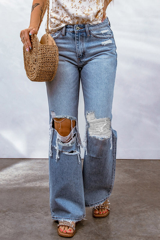 Sky Blue Destroyed Wide Leg Jeans