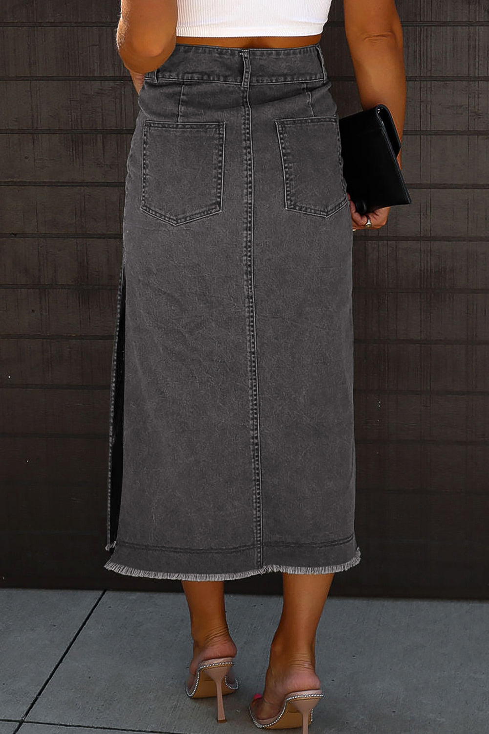 Black Raw Edge Midi Denim Skirt