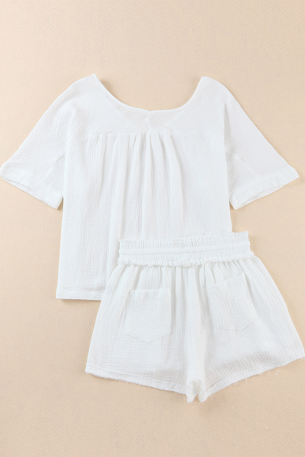 White Relaxed Off Shoulder Blouse and Drawstring Shorts Set