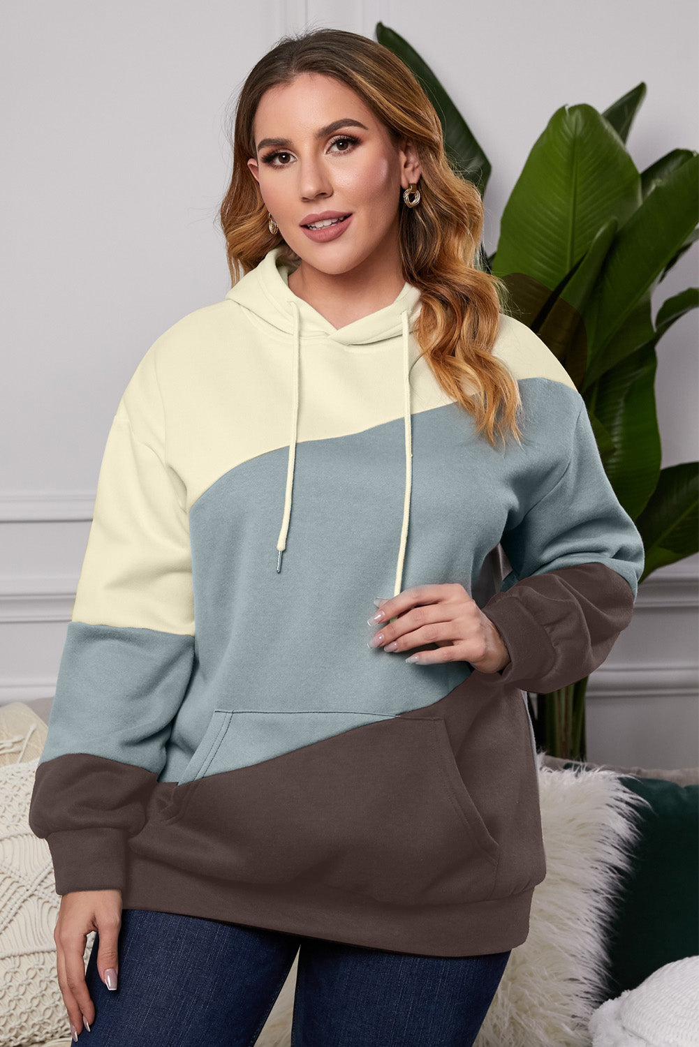 Multi Blue Kangaroo Pocket Plus Size Hoodie