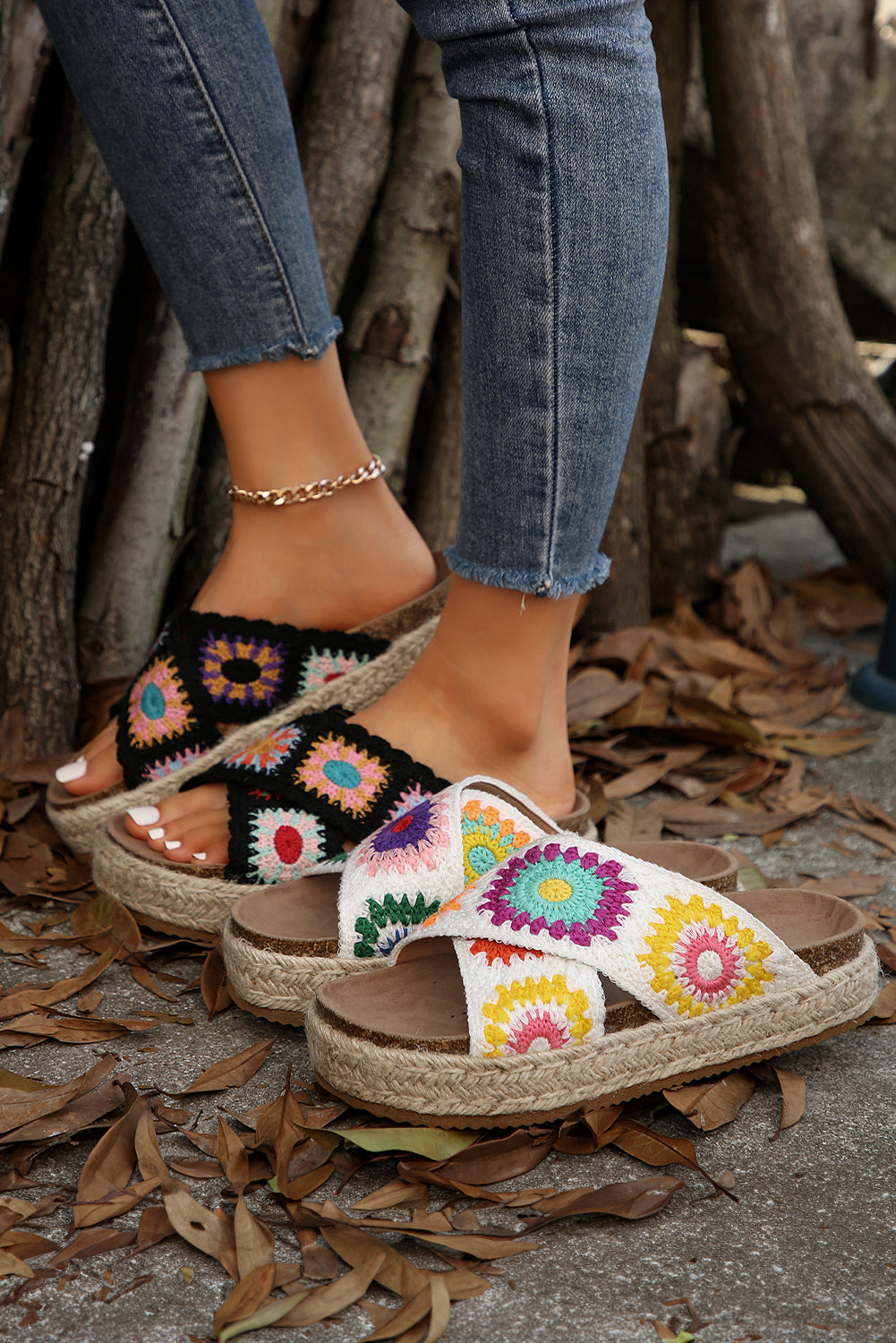 Color black Boho Crochet Crossover Slippers