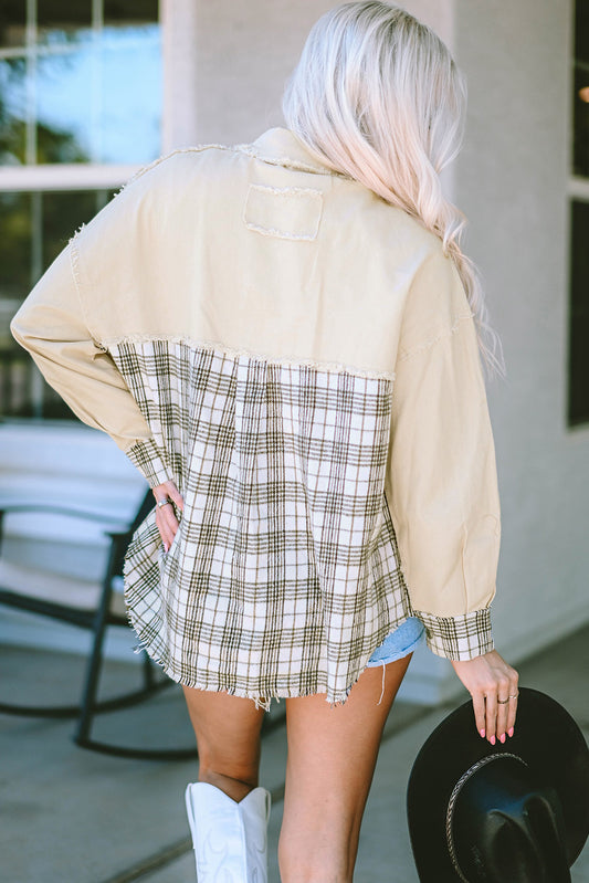 Khaki Distressed Beige Plaid Denim Jacket