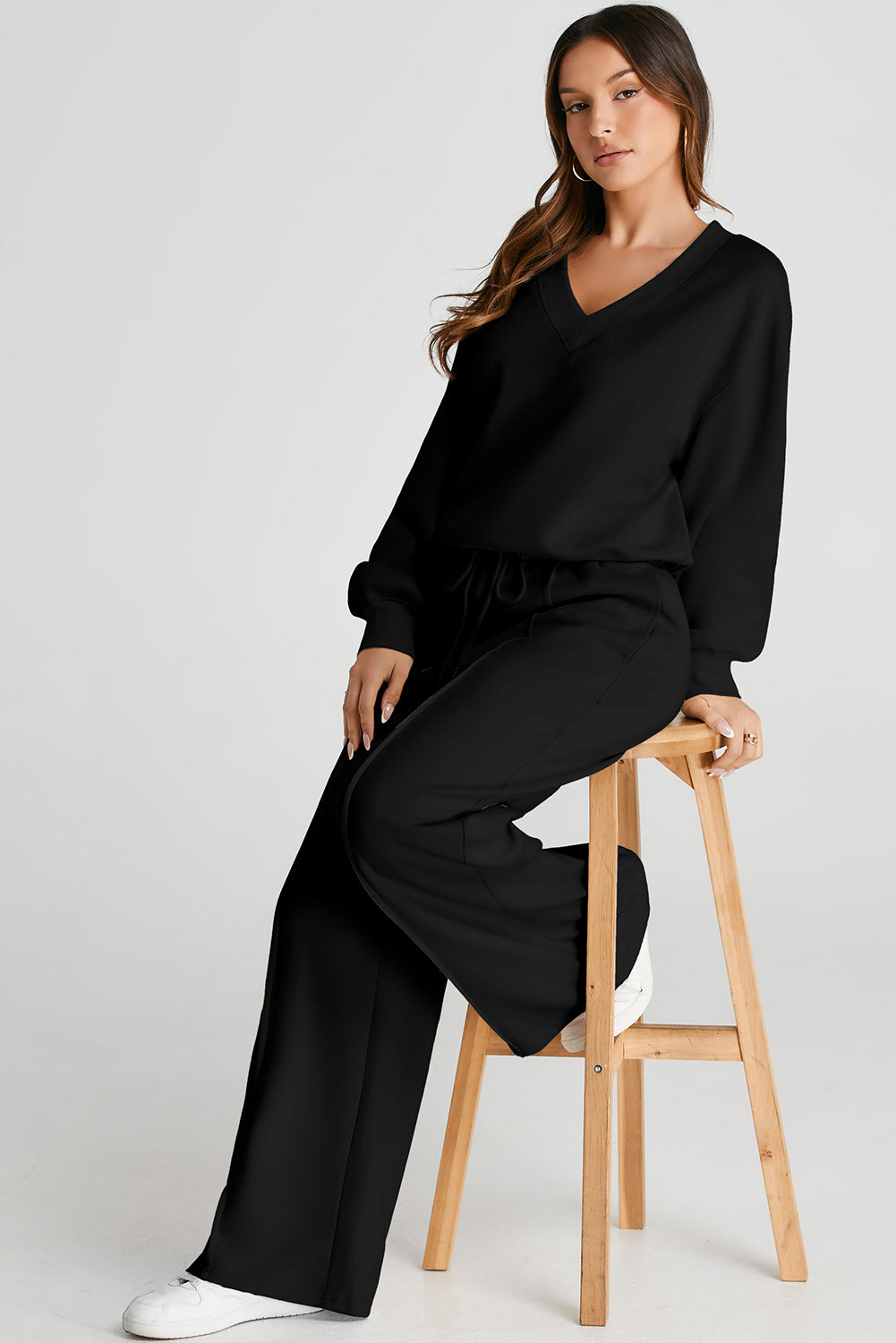 Black V Neck Sweatshirt & Seamed High Waist Pants Set