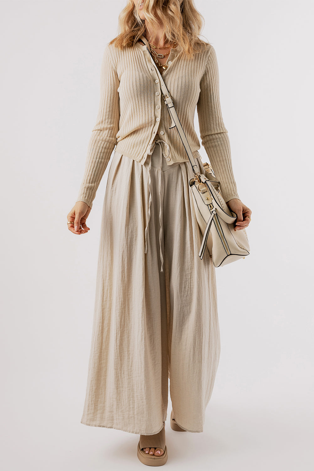 Beige Drawstring Pleated Wide Leg Pants