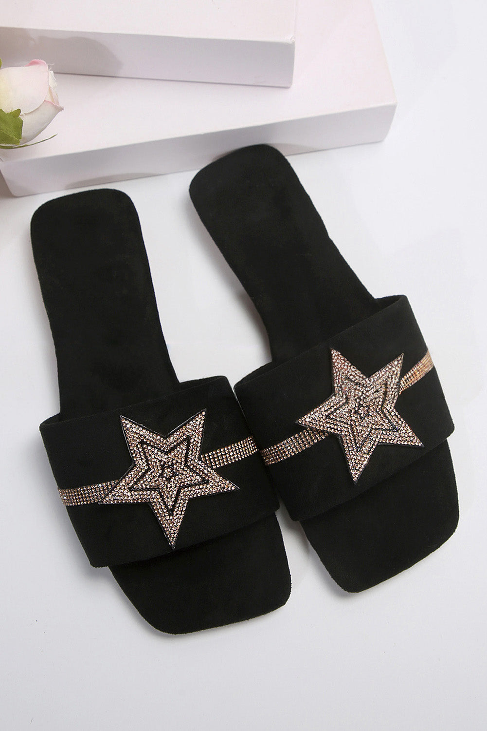 Black Rhinestone Star Square Toe Slippers