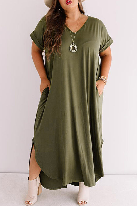 Green V Neck Plus Size Maxi Dress