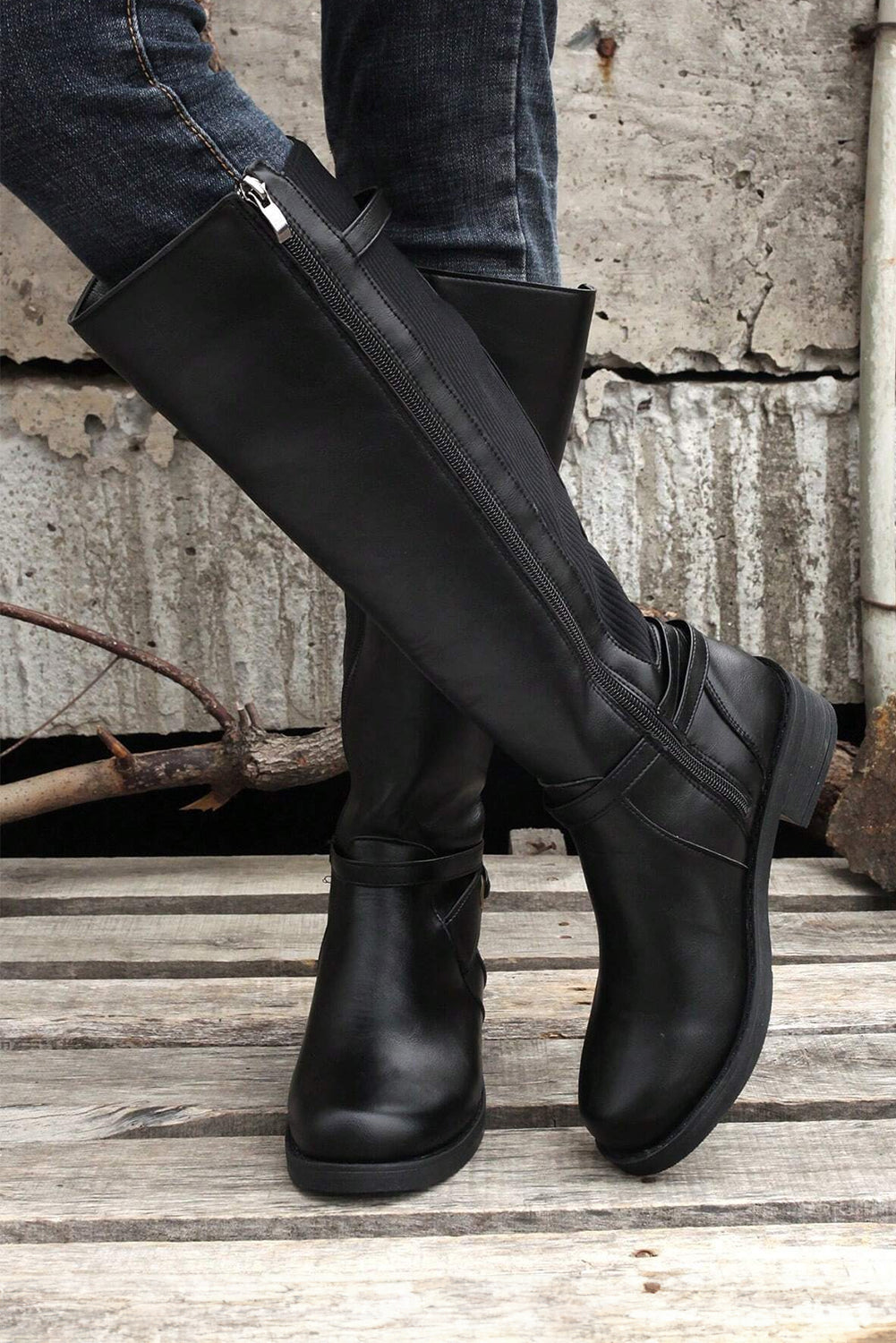 Black Side Zipper Knee High Boots