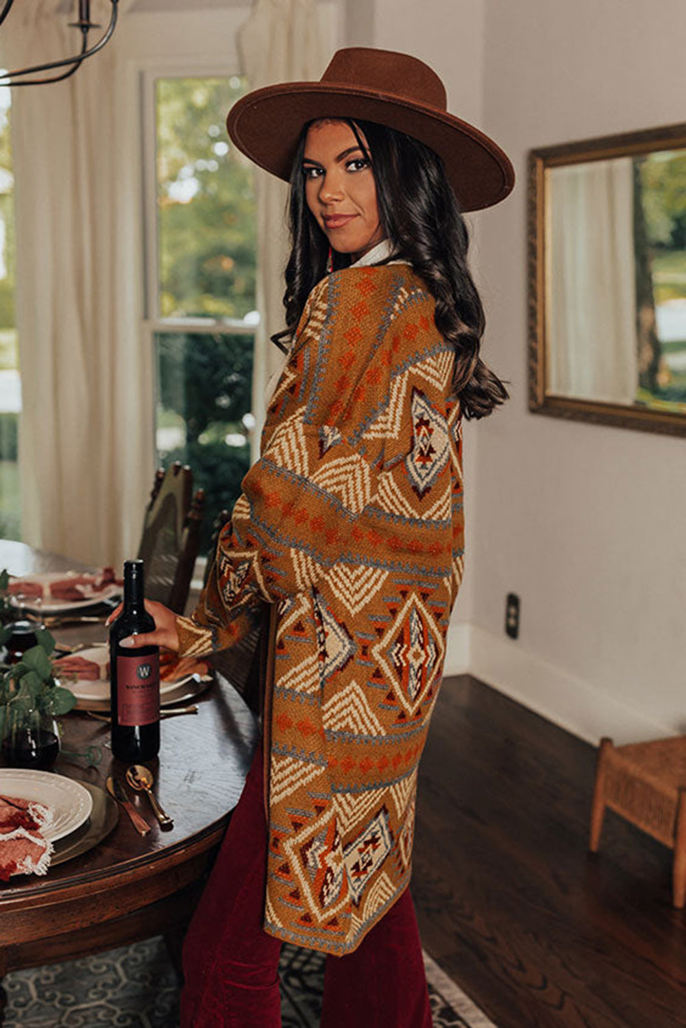 Brown Aztec Geometric Knit Cardigan