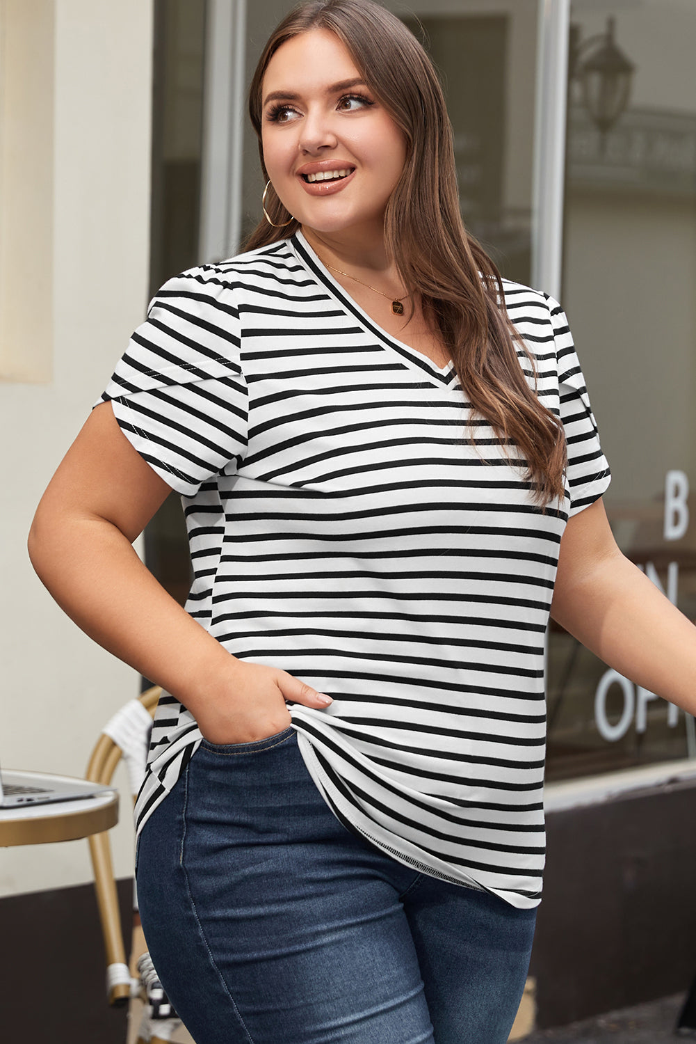 White Stripe V Neck Petal Sleeve Plus Size T-Shirt