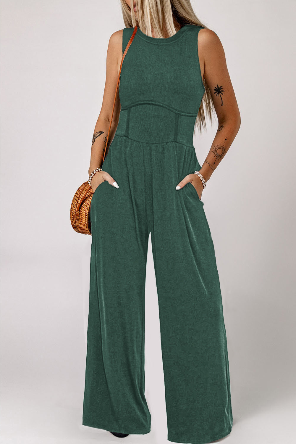 Grey Cinched Waist Sleeveless Wide Leg Jumpsuit