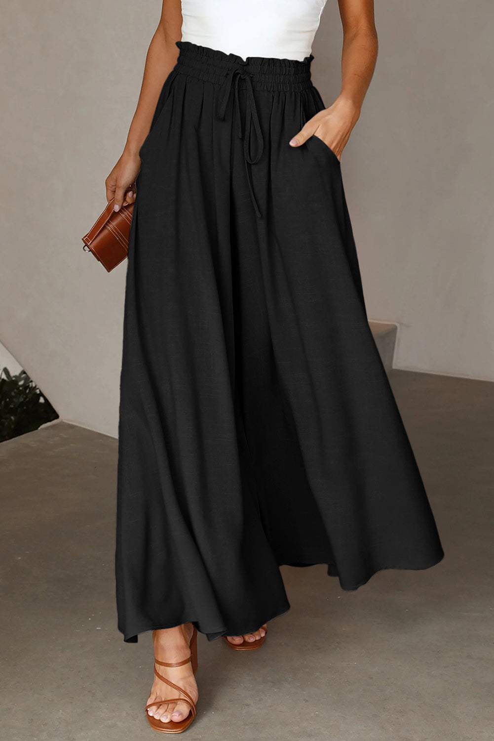 Black Drawstring High Waist Wide Leg Pants