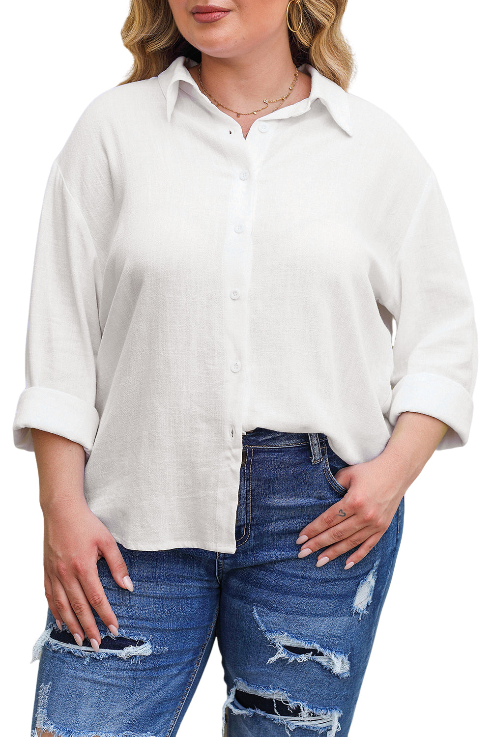 White Plus Size Linen Button Up Shirt